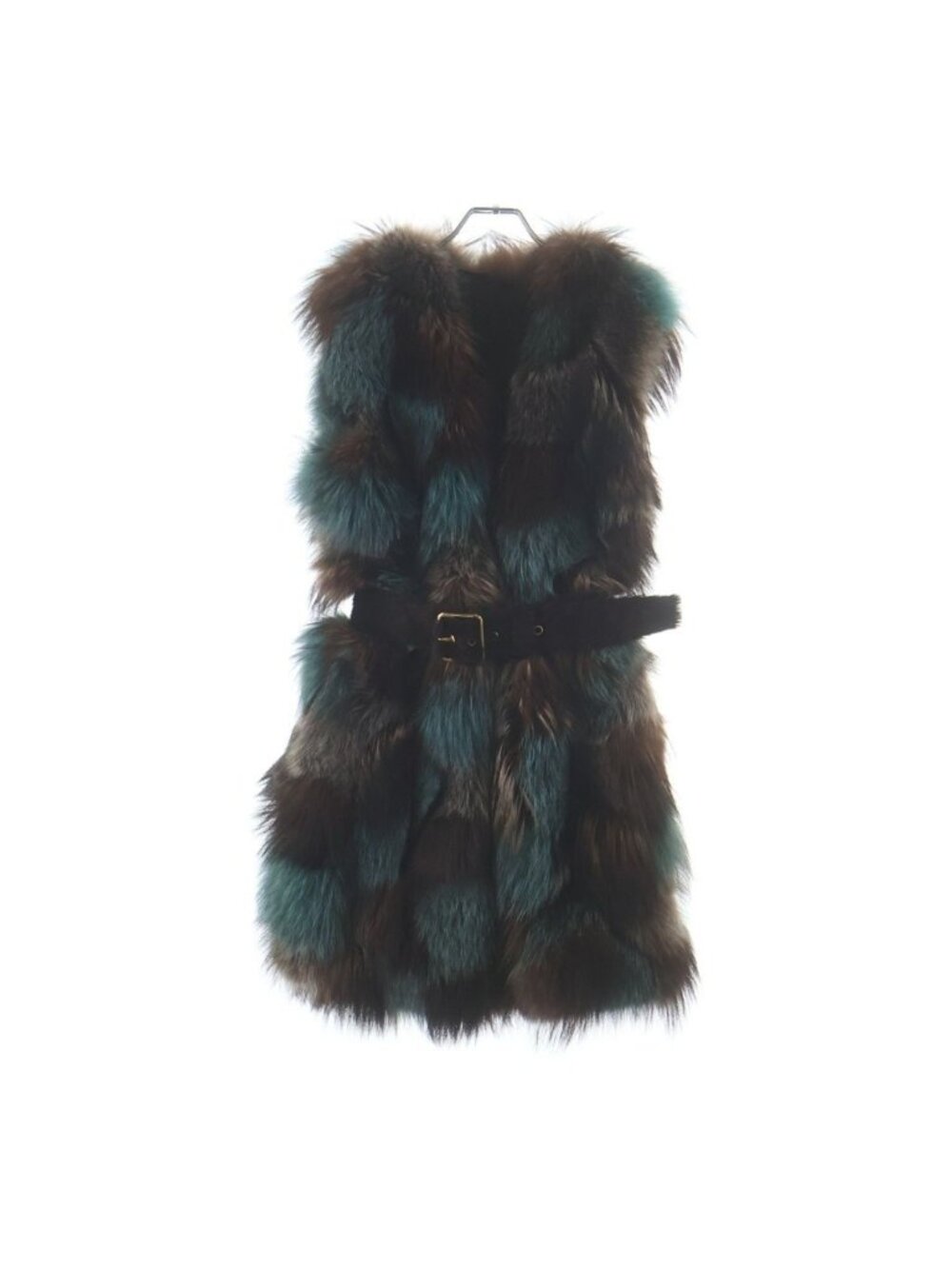 Prada Belted Dyed Fur Vest Sleeveless Multicolor Brown Light Blue